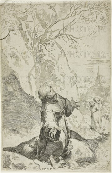 Saint Francis Receiving the Stigmata, c. 1581, Federico Barocci, Italian, 1526/28-1612, Italy, Etching on cream laid paper, 230 x 147 mm (plate), 233 x 150 mm (sheet)