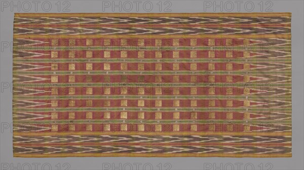 Panel, late Edo period (1789–1868)/ Meiji period (1868–1912), 19th century, Japan, Sari, ikat technique in purple, white, green yellow and red with gold and silver square design, 217.8 x 113.4 cm (85 3/4 x 44 3/4 in.)