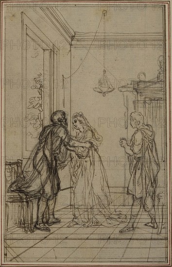 Study for Lucain’s La Pharsale, Canto II, c. 1766, Hubert François Gravelot, French, 1699-1773, France, Pen and black ink, with graphite, on pale gray laid paper, incised for transfer and perimeter mounted on ivory laid paper, 142 × 90 mm
