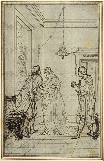 Study for Lucain’s La Pharsale, Canto II, c. 1766, Hubert François Gravelot, French, 1699-1773, France, Pen and black ink, over touches of graphite, on gray laid paper, incised for transfer and perimeter mounted on cream laid paper, 143 × 91 mm