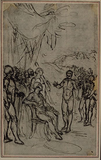 Study for Lucain’s La Pharsale, Canto IV, c. 1766, Hubert François Gravelot, French, 1699-1773, France, Pen and black ink, over graphite, on gray laid paper, incised for transfer, and perimeter mounted on ivory laid paper, 140 × 87 mm