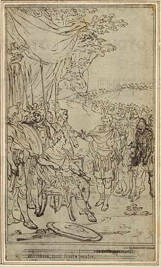 Study for Lucain’s La Pharsale, Canto IV, c. 1766, Hubert François Gravelot, French, 1699-1773, France, Pen and black ink, over graphite, on pale gray laid paper, incised for transfer, and perimeter mounted on ivory laid paper, 155 × 91 mm