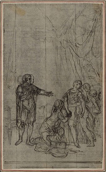 Study for Lucain’s La Pharsale, Canto V, c. 1766, Hubert François Gravelot, French, 1699-1773, France, Pen and black ink, with graphite, on gray laid paper, incised for transfer, and perimeter mounted on ivory laid paper, 147 × 90 mm
