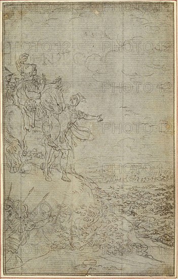 Study for Lucain’s La Pharsale, Canto VII, c. 1766, Hubert François Gravelot, French, 1699-1773, France, Pen and black ink, with graphite, on gray laid paper, incised for transfer, and perimeter mounted on ivory laid paper, 142 × 89 mm