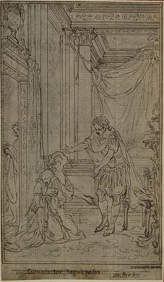 Study for Lucain’s La Pharsale, Canto X, c. 1766, Hubert François Gravelot, French, 1699-1773, France, Pen and black ink, over graphite, on gray laid paper, incised for transfer, and perimeter mounted on ivory laid paper, 153 × 89 mm