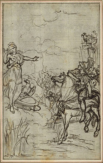 Study for Lucain’s La Pharsale, Canto I, c. 1766, Hubert François Gravelot, French, 1699-1773, France, Pen and black ink, over touches of graphite, on gray laid paper, incised for transfer and perimeter mounted on ivory laid paper, 141 × 88 mm