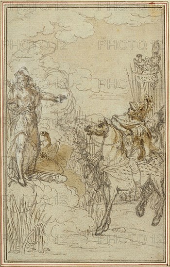 Study for Lucain’s La Pharsale, Canto I, c. 1766, Hubert François Gravelot, French, 1699-1773, France, Graphite, with brush and brown wash, and pen and black ink, on pale gray laid paper, incised for transfer and perimeter mounted on ivory laid paper, 143 × 90 mm