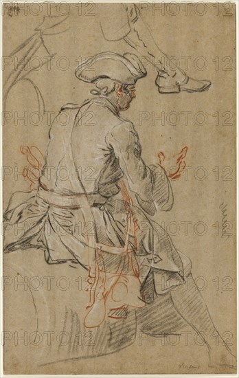 Sketch of Man on Horseback, with Separate Sketch of his Right Foot, n.d., Pierre Lenfant, French, 1704-1787, France, Black crayon, with red chalk and touches of black chalk, heightened with white chalk, on dark tan laid paper, laid down on ivory wove paper, 416 × 262 mm