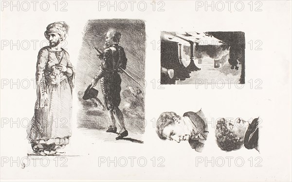 Sheet of Sketches, 1826, Eugène Delacroix, French, 1798-1863, France, Lithograph in black on white wove paper, 200 × 330 mm (image), 255 × 405 mm (sheet)