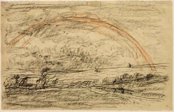 Landscape with a Rainbow, c. 1871, Charles François Daubigny, French, 1817-1878, France, Black and red chalk on tan wove paper, 308 × 483 mm