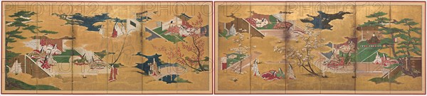 The Tale of Genji, early 17th century, Japanese, Japan, Pair of six-panel screens, ink, colors, and gold on paper, 166 x 371 cm each