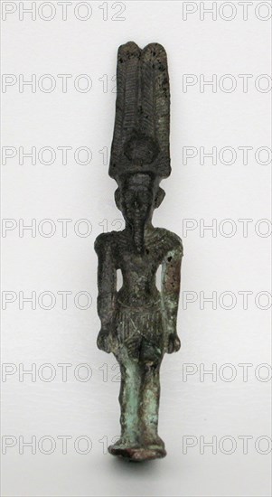 Statuette of the God Amun-Re, Third Intermediate Period, Dynasty 21–25 (about 1069–664 BC), Egyptian, Egypt, Bronze, 11.1 × 2.2 × 3.2 cm (4 3/4 × 7/8 × 1 1/4 in.)