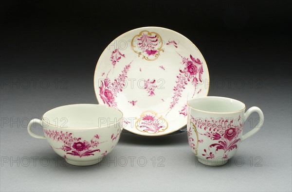 Teacup, Coffee Cup, and Saucer, c. 1770, Worcester Porcelain Factory, Worcester, England, founded 1751, Worcester, Soft-paste porcelain with purple enamel and gilding, Teacup: H. 4.8 cm (1 7/8 in.), diam. 8.3 cm (3 1/4 in.)