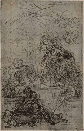 Study for an illustration in Tacitus Tibère, ou Les Six Premiers Livres des Annales, Book IV, Vol. 2, 1st Study, c. 1768, Hubert François Gravelot, French, 1699-1773, France, Pen and black ink, with graphite, on gray laid paper, incised for transfer and perimeter mounted on ivory laid paper, 112 × 72 mm