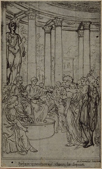 Study for an illustration in Tacitus Tibère, ou Les Six Premiers Livres des Annales, Book V, Vol. 3, 2nd Study, c. 1768, Hubert François Gravelot, French, 1699-1773, France, Pen and black ink, over graphite, on gray laid paper, incised for transfer and perimeter mounted on ivory laid paper, 120 × 72 mm