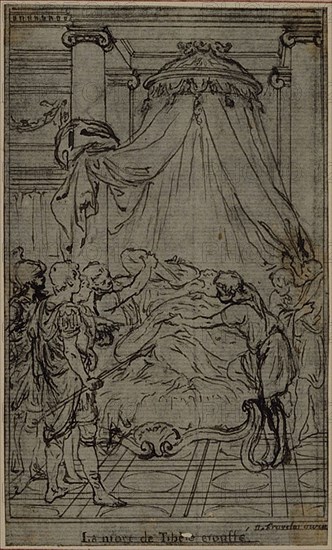Study for an illustration in Tacitus Tibère, ou Les Six Premiers Livres des Annales, Book VI, Vol. 3, Final Study, c. 1768, Hubert François Gravelot, French, 1699-1773, France, Pen and black ink, over graphite, on gray laid paper, incised for transfer and perimeter mounted on ivory laid paper, 120 × 72 mm