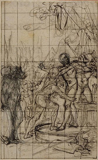 Enlarged Study for an illustration in Tacitus Tibère, ou Les Six Premiers Livres des Annales, Book 1, Vol. 1, c. 1768, Hubert François Gravelot, French, 1699-1773, France, Pen and black ink, with black chalk, heightened with white chalk, on pale gray laid paper, perimeter mounted on ivory laid paper, 171 × 104 mm