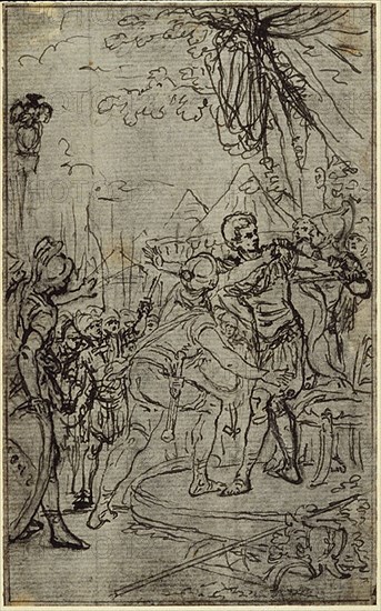 Study for an illustration in Tacitus Tibère, ou Les Six Premiers Livres des Annales Book I, Vol. 1, 3rd Study, c. 1768, Hubert François Gravelot, French, 1699-1773, France, Pen and black ink, over traces of black chalk, on gray laid paper, incised for transfer, perimeter mounted on ivory laid paper, 113 × 70 mm