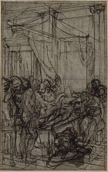 Study for an illustration in Tacitus Tibère, ou Les Six Premiers Livres des Annales Book II, Vol. 1, c. 1768, Hubert François Gravelot, French, 1699-1773, France, Pen and black ink, over graphite, on gray laid paper, incised for transfer and perimeter mounted on ivory laid paper, 114 × 72 mm