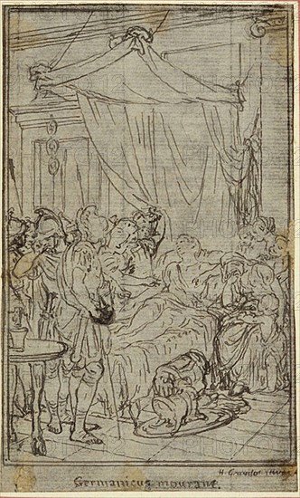 Study for an illustration in Tacitus Tibère, ou Les Six Premiers Livres des Annales Book II, Vol. 1, c. 1768, Hubert François Gravelot, French, 1699-1773, France, Pen and black ink, over traces of graphite, on gray laid paper, incised for transfer, perimeter mounted on ivory laid paper, 120 × 74 mm