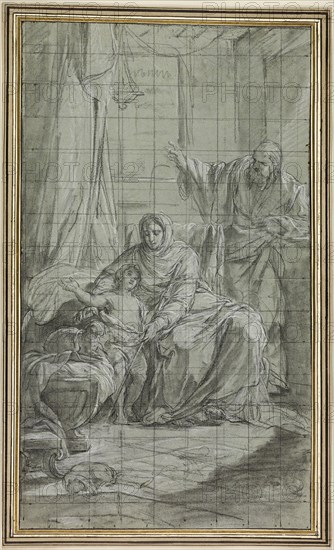 The Family of Saint John the Baptist, c. 1771, Nicolas Bernard Lépicié, French, 1735-1784, France, Black and white chalk, with stumping, on blue laid paper, squared with black chalk, laid down on cream laid card, 525 × 303 mm