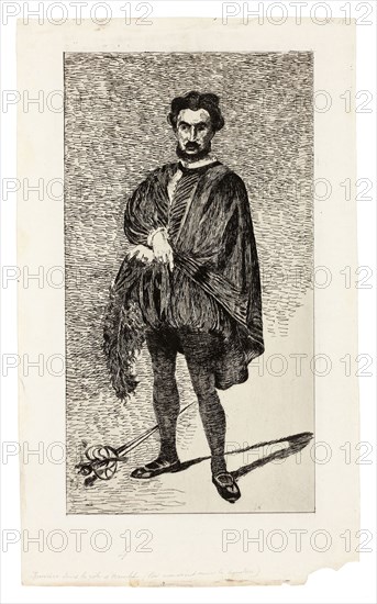 The Tragic Actor (Rouvière in the role of Hamlet), 1865–66, Édouard Manet, French, 1832-1883, France, Etching and plate tone in black on ivory laid paper, 299 × 161 mm (image), 326 × 178 mm (plate), 369 × 221 mm (sheet)