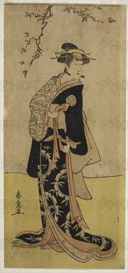 The Actor Yamashita Mangiku I as Lady Yuya (Yuya Gozen) (?) in the Play Heike Hyobanki (?), Performed at the Nakamura Theater (?) in the Seventh Month, 1789 (?), c. 1789, Katsukawa Shunsen, Japanese, active 1780s-early 1790s, Japan, Color woodblock print, hosoban, 31.2 x 14.5 cm (12 1/4 x 5 11/16 in.)