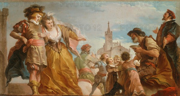 The Meeting of Gautier, Count of Antwerp, and his Daughter, Violante, c. 1787, Giuseppe Cades, Italian, 1750-1799, Italy, Oil on canvas, 14 5/8 x 27 1/2 in. (37.2 x 69.7 cm)