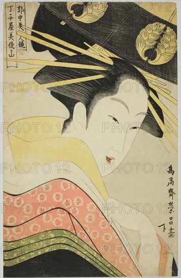 Misayama of the Chojiya, from the series Beauties of the Licensed Quarter (Kakuchu bijin kurabe), c. 1795, Chokosai Eisho, Japanese, active 1780-1800, Japan, Color woodblock print, oban, 38.0 x 24.0 cm