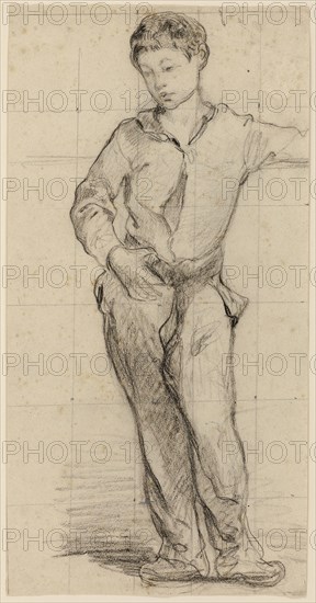 Young Man Standing (Léon Leenhoff) (recto), Sketch of Standing Boy (verso), 1864/65, Attributed to Édouard Manet, French, 1832-1883, France, Black crayon (recto and verso) on tannish-buff laid paper with blue fibers, recto squared in graphite, 406 × 207 mm