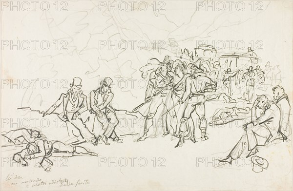 The Stagecoach Holdup, n.d., Bartolomeo Pinelli, Italian, 1781-1835, Italy, Pen and black ink and graphite on ivory laid paper, 278 x 421 mm
