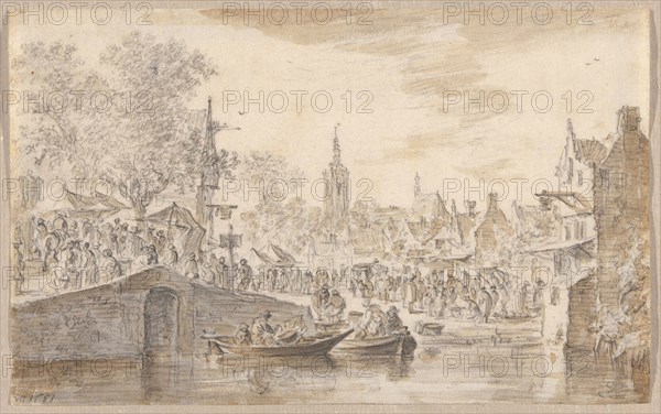 Market near a Canal, 1651, Jan van Goyen, Dutch, 1596-1656, Netherlands, Black crayon, and brush and brown and gray wash, on ivory laid paper, 171 x 274 mm