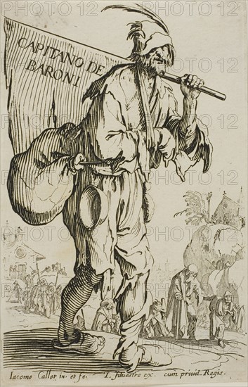 Captain of the Barons, frontispiece to The Beggars, c. 1622, Jacques Callot, French, 1592-1635, France, Etching on ivory laid paper, 144 × 93 mm (plate), 146 × 95 mm (sheet)