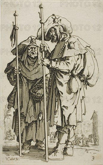 The Two Pilgrims, plate three from The Beggars, c. 1622, Jacques Callot, French, 1592-1635, France, Etching on paper, 143 × 87 mm (plate), 147 × 92 mm (sheet)