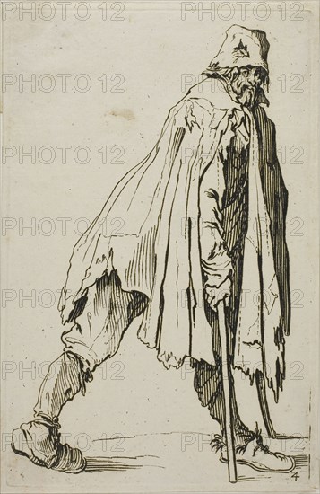 Beggar on Crutches Wearing a Hat, plate four from The Beggars, c. 1622, Jacques Callot, French, 1592-1635, France, Etching on paper, 134 × 87 mm (plate), 142 × 92 mm (sheet)