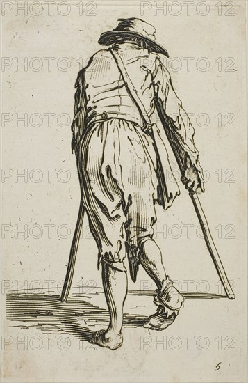Beggar on Crutches and Wearing a Hat, seen from Back, plate five from The Beggars, c. 1622, Jacques Callot, French, 1592-1635, France, Etching on ivory laid paper, 137 × 87 mm (plate), 142 × 92 mm (sheet)