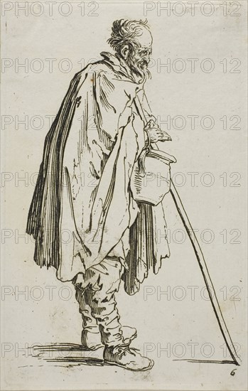 The Beggar with a Footwarmer, plate six from The Beggars, c. 1622, Jacques Callot, French, 1592-1635, France, Etching on paper, 137 × 86 mm (plate), 142 × 92 mm (sheet)