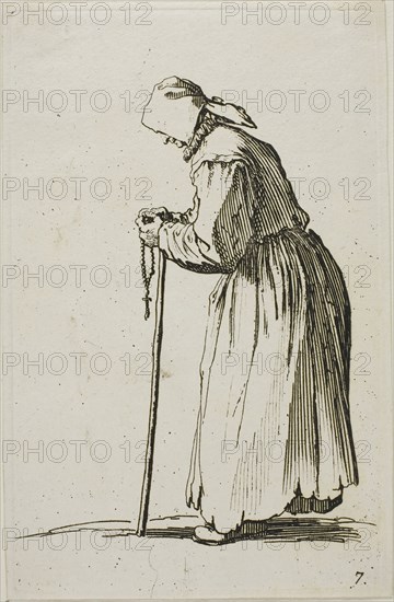 Woman Beggar with a Rosary, plate seven from The Beggars, c. 1622, Jacques Callot, French, 1592-1635, France, Etching on paper, 138 × 87 mm (plate), 141 × 90 mm (sheet)