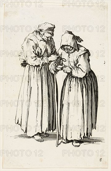 Two Women Beggars, plate eight from The Beggars, c. 1622, Jacques Callot, French, 1592-1635, France, Etching on paper, 139 × 87 mm (plate), 141 × 91 mm (sheet)