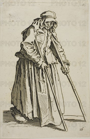 The Beggar on Crutches and His Beggar’s Wallet, plate ten from The Beggars, c. 1622, Jacques Callot, French, 1592-1635, France, Etching on paper, 137 × 87 mm (plate), 141 × 93 mm (sheet)
