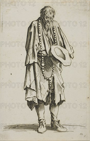 The Beggar with a Rosary, plate eleven from The Beggars, c. 1622, Jacques Callot, French, 1592-1635, France, Etching on paper, 137 × 88 mm (plate), 142 × 92 mm (sheet)