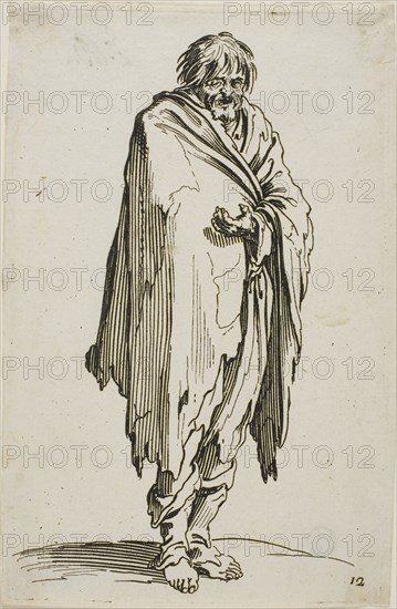 Beggar without Hat or Shoes, plate twelve from The Beggars, c. 1622, Jacques Callot, French, 1592-1635, France, Etching on ivory laid paper, 138 × 86 mm (plate), 142 × 92 mm (sheet)