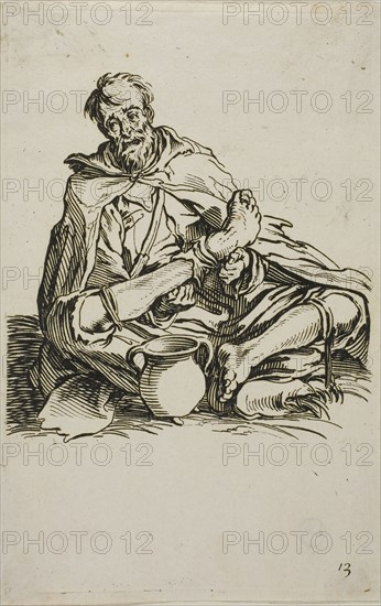 The Sickly One, plate thirteen from The Beggars, c. 1622, Jacques Callot, French, 1592-1635, France, Etching on paper, 139 × 88 mm (plate), 143 × 92 mm (sheet)