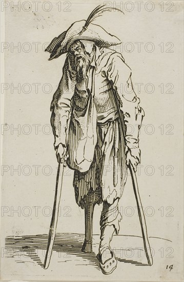 The Beggar with the Wooden Leg, plate fourteen from The Beggars, c. 1622, Jacques Callot, French, 1592-1635, France, Etching on ivory laid paper, 137 × 87 mm (plate), 142 × 93 mm (sheet)