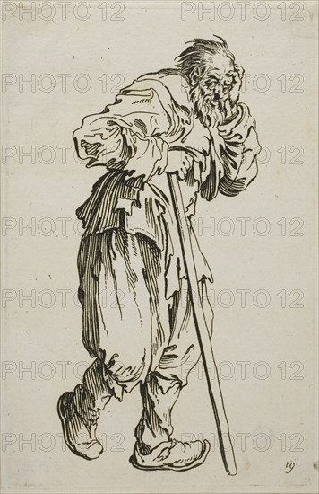 The Beggar on Crutches, plate sixteen from The Beggars, c. 1622, Jacques Callot, French, 1592-1635, France, Etching on paper, 137 × 88 mm (plate), 142 × 92 mm (sheet)