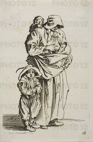 A Mother with her Three Children, plate 18 from The Beggars, c. 1622, Jacques Callot, French, 1592-1635, France, Etching on paper, 137 × 86 mm (plate), 142 × 91 mm (sheet)
