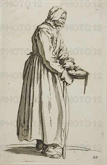 Woman Beggar Holding Alms, plate 20 from The Beggars, c. 1622, Jacques Callot, French, 1592-1635, France, Etching on paper, 137 × 87 mm (plate), 141 × 92 mm (sheet)