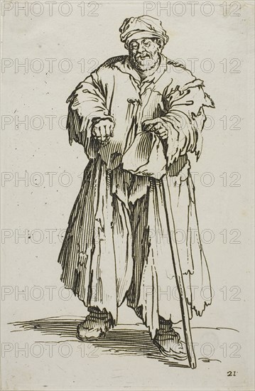 The Obese Beggar with Lowered Eyes, plate 21 from The Beggars, c. 1622, Jacques Callot, French, 1592-1635, France, Etching on paper, 137 × 87 mm (plate), 141 × 92 mm (sheet)