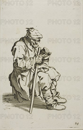 Seated Beggar Eating, plate 24 from The Beggars, c. 1622, Jacques Callot, French, 1592-1635, France, Etching on paper, 137 × 87 mm (plate), 142 × 90 mm (sheet)
