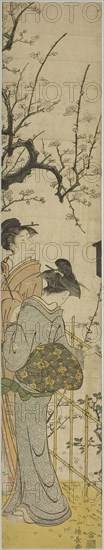 Two Women Viewing Plum Blossoms, c. 1784, Torii Kiyonaga, Japanese, 1752-1815, Japan, Color woodblock print, hashira-e, 62.2 x 11.3 cm